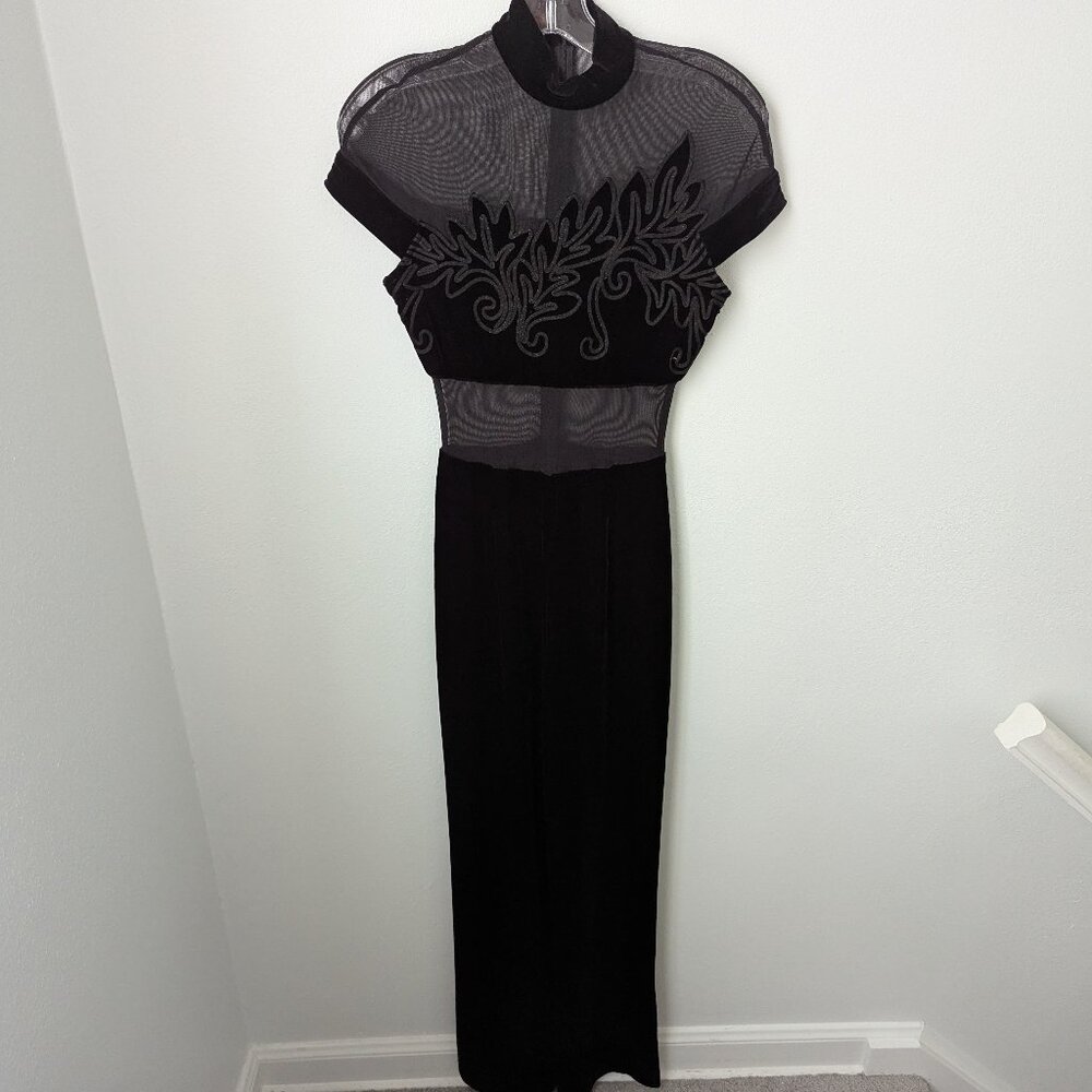 Vintage Ashlee Women's Black Cap Sleeve Semi-Sheer Velvet Cocktail Jumpsuit, 4
